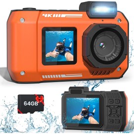MOREXIMI 33FT Underwater Camera, 4K 65MP Waterproof Camera, Underwater Camera for Snorkelling with 64GB Card, Auto Focus, Selfie, Dual Screen, Digital Camera, Waterproof, Compact, Floatable, Orange