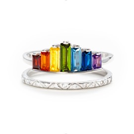STORYJEWELLERY Rainbow Ring, Colorful Rings for Women, 925 Sterling Silver Adjustable Rings for Women, Double Band Baguette Ring, Womens Gifts, Size 9