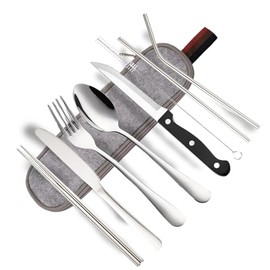 9 Piezas Cubiertos Portatiles, Utensilios Reutilizables de Viaje, Perfectos para Acampar, Escuela y Oficina, Aptos para Lavavajilla