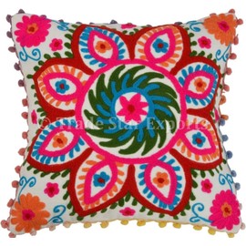 Trade Star Suzani Pillow Cover 16x16, Decorative Indian Cushions, Pom Pom Pillow Cases, Cotton Outdoor Cushion Covers, Throw Pillow Shams (Pattern 1)