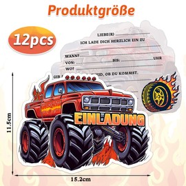 BOYATONG 12 x Invitation Cards Children's Birthday Boy, Monster Truck Invitation Cards Birthday Boy, Truck Birthday Invitations Boys, Invitation Children's Birthday Boy for Themed Party