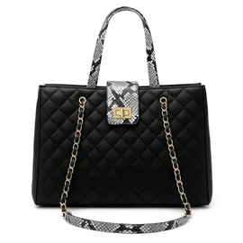Quilted Laptop Bag for Women, 15.6 inch PU Leather Shoulder Purse Tote Business Office Messenger Casual Handbag (Black with Gray Snake)