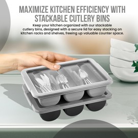 2 Pack - Cutlery Bin with Lid, Commercial 3-Compartment Flatware Tray with Cover, Silverware Divided Storage Plastic Container, Restaurant Condiments Holder, Covered Utensil Organizer Box, Black