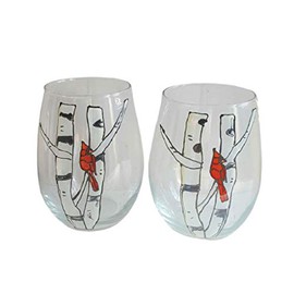 Red Cardinal Bird Birch Tree Hand Painted Stemless Wine Glasses Set 2
