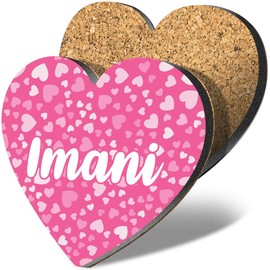 1 x Heart Coaster - Name Imani Pink Hearts Love Letter Lettering Initial Cork Backed MDF Glossy Tea Coffee Accessory #268595