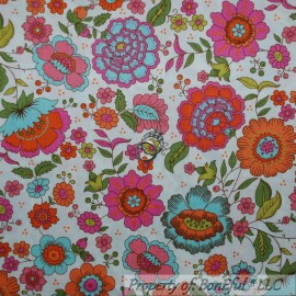 Windham Fabrics BonEful FABRIC FQ Cotton Quilt VTG White Pink Orange Aqua Green Flower Leaf Dot