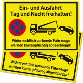 Set of 2 Einfahrt Freihalten Signs (30 x 20 cm Plastic) - Ausfahrt freihalten Sign - Nie Wieder zugeparkt - Auch Gegenüber - (Neon Yellow) - Hier Wird abgeschleppt