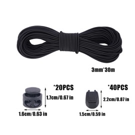 VirtuGro 3mm Elastic Cord 30M Elastic Shock Cord with 60pcs Drawstring Locks, Black Stretch Elastic Bungee Rope Multifunctional Drawstring Elastic for Backpack Tarpaulin Trailer Tent Poles DIY Camping