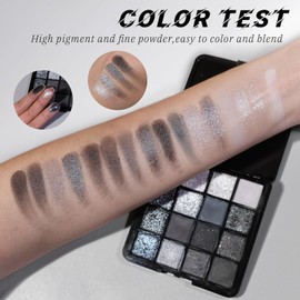 GOERTI Smoky Eyeshadow Palette, 16 Color Matte & Shimmer Glitter, High Pigment Blendable Long-Lasting Black Silver Gray Eyeshadow Set for Party Night-Out Looks (Black)