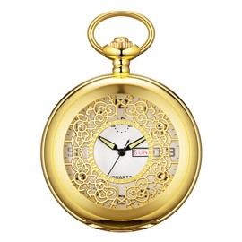 BOSHIYA Hollow Carved Quartz Pocket Watch with Chain Arabic Digital Luminous Dial & Day Date Pocket Watches for Men Christmas Graduation Birthday Gifts, Hollow Carved-Gold