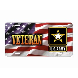 Military Veteran or Retired Front Plate, American Flag Design, Military Decorative Vanity Car Tag 12 x 6 inches (Army Veteran)