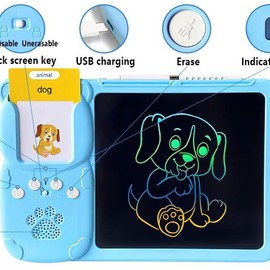 Spanish+English Bilingual Toddler Toy Drawing Tablet with Talking Flash Cards, Drop Resistant LCD Writing Tablet, Visual Speech Flash Card Toy - Color: Spanish+English Bilingual-Blue