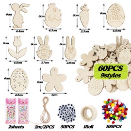 BETESSIN Pack of 60 Easter Crafts Wooden Pendants for Painting 215 Pieces Easter Decoration for Crafts Easter Bunnies Easter Eggs Flowers Spring Pendant DIY Craft Easter Decoration for Hanging