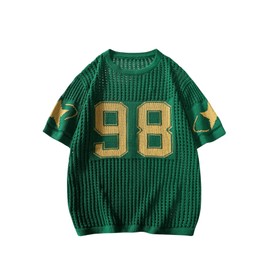 BEAUDRM Women's Y2K Jersey Shirts Oversized Number Crochet Hollow Out Jersey Tee Sweater Crew Neck Short Sleeve Knit T Shirts Green X-Large