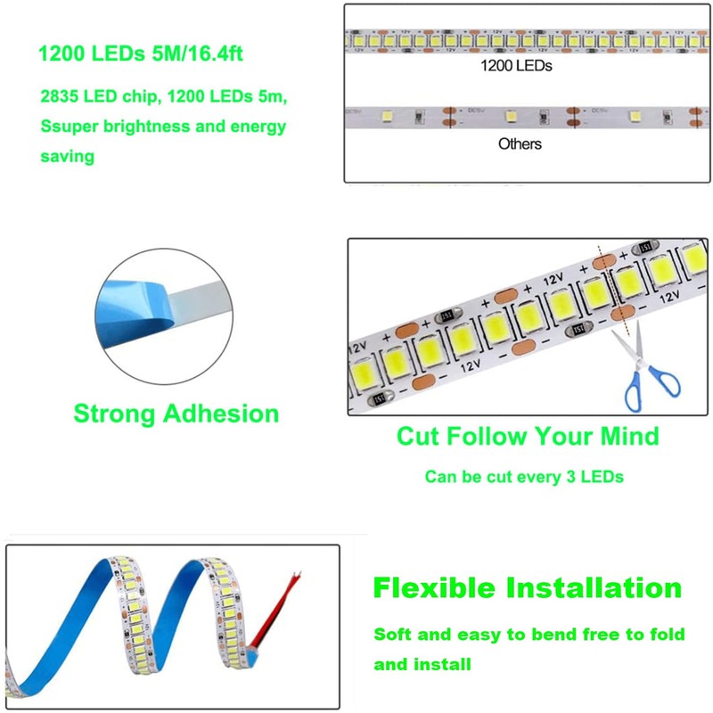 HAASHADA LED Strip Lights, DC12V 5m/16.4ft Dimmable 2835 LED Lights
