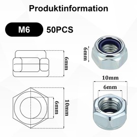 Partideal Pack of 50 M6 Nuts Set, Galvanised Steel A2 V2A DIN985 Locking Nuts, Self-Locking Nuts, Hex Nuts, Hexagonal Nut with Metric Standard Thread