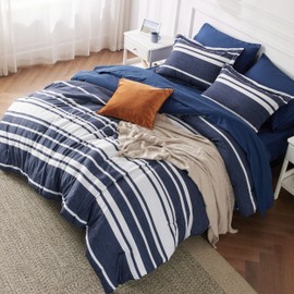 Bedsure Bed in a Bag Twin Size 5 Pieces, Navy White Striped Bedding Comforter Sets All Season Bed Set with 1 Pillow Sham, Flat Sheet, Fitted Sheet and 1 Pillowcase