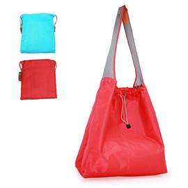 EcoJeannie 2 PK Ripstop Nylon Foldable Draw-String Reusable Grocery Shopping Bag, Built-in Pouch & Pocket (Blue & Red)