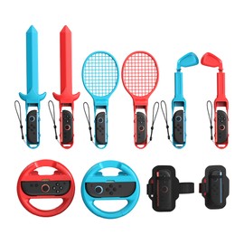 [𝗙𝗼𝗿 𝗦𝘄𝗶𝘁𝗰𝗵 𝟮/𝟭/𝗢𝗟𝗘𝗗] Sports Games Accessories Bundle Compatible with Switch 2/Switch/OLED, 10 in 1 Family Accessories Kit with Steering Wheels, Strap, Golf Clubs, Tennis Rackets, Sword