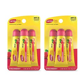 Carmex Daily Care - Bálsamo labial hidratante con SPF 15, tubos de bálsamo labial de fresa, 0.35 onzas cada uno, 3 unidades (paquete de 2)