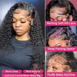Jumida 13x6 Lace Front Wigs Human Hair Water Wave 200 Density 13x6 HD Full Lace Frontal Wigs Pre Plucked Wet and Wavy Glueless Deep Curly Human Hair Wigs for Women Natural Black 22 Inch