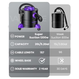 VANPORE Ash Vacuum for Pellet Stoves: 5.2 Gallon Fireplace Ash Vac with 1200w Powerful Suction & Wheeled Base - Ash Vacuum Cleaner for Fireplaces, Pellet Grill, Wood Stove, Fire Pits