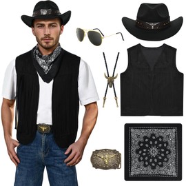Antsparty Western Cowboy Costume for Men, Cowboy Cosplay Outfits with Tassel Vest Cowboy Hat Glasses Paisley Bandana, Retro Cowboy Fancy Dress for Western Theme Party Cosplay