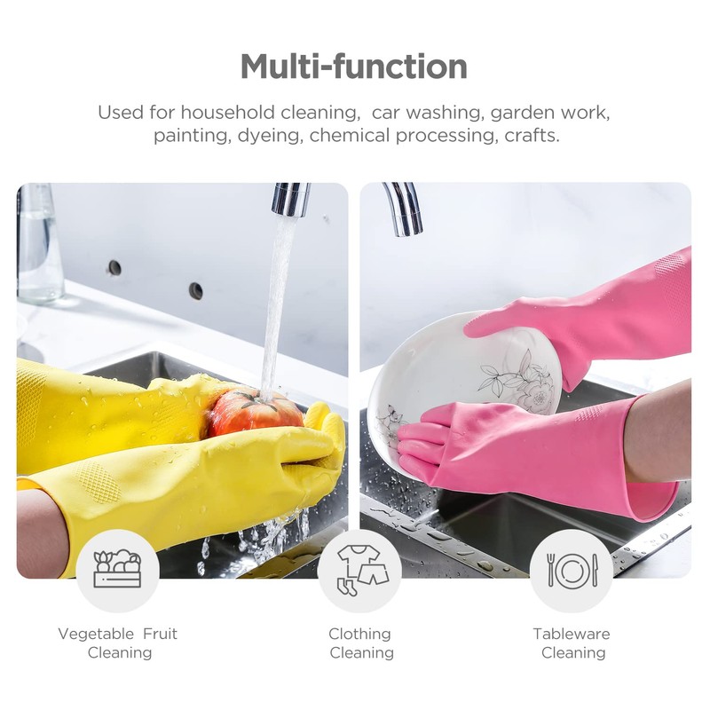 IUCGE Medium Pink+Yellow Rubber Gloves, 2 Pairs, Protective Gloves for