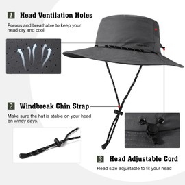 TAGVO Boonie Hats Fishing Hat for Men Women UPF 50+ Windproof Hiking Hat Bucket Hat Quick-Drying Breathing Sun Hat with Soft Hood Safari Hat with Sewn-in Sweatband, darkgray