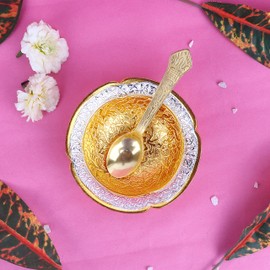 SATVIK 1 Set Designer Gold Silver Plated Lotus Flower Dessert Dry Fruits Embossed Serving Bowl With Spoon Set Festive Diwali Pujan Decortive Bhog Bowl Christmas Housewarming Wedding Return Gift Items