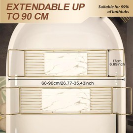 BVL Bathtub Tray Stainless Steel with Marble Base Gold Bathtub Tray with White Marble Base Adjustable & Rustproof Bath Caddy for Spa, Relaxation, Bath Bombs