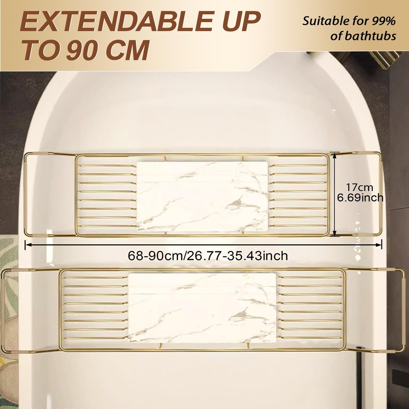 BVL Bathtub Tray Stainless Steel with Marble Base Gold Bathtub