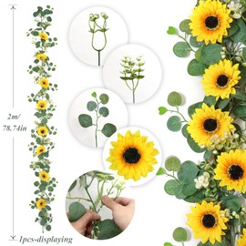 DEMIUKO Pack of 4 Sunflower Garland, 2 m Artificial Flowers, Eucalyptus Leaves Garland with Sunflowers, Artificial Flowers, Vines, Garland, Wall Hanging Flower Garlands for Wedding, Party, Balcony