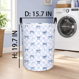 MYFLCOY Cute Bow Laundry Basket Collapsible Canvas Baby Nursery Gift hamper Teen Girls Coquette Bedroom Decor (Blue)