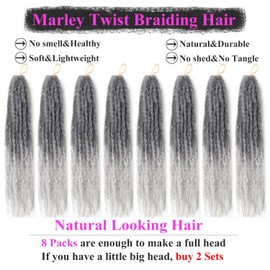 Marley Twist Braiding Hair 24 Inch 8 Packs – Fluffy&Tangle-Free Cuban Twist Hair for Braiding, Natural Look Synthetic Long-Lasting Spring Afro Kinky Twist Hair Extensions (1B/Grey)
