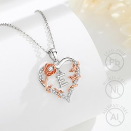 EUDORA Harmony Ball Heart Rose Necklace with Letter E for Women with Cubic Zirconia, Silver Letter Chains Initials Necklace Alphabet Pendant Jewellery with Name Gifts for Women Mother Daughter 18