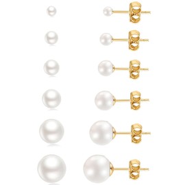Pearl Small Gold Stud Earrings 14K Gold Plated Surgical Stainless Steel Round White Ball Stud Earrings Set for Women Men Hypoallergenic, Pack of 6 Pairs (3mm - 8mm)