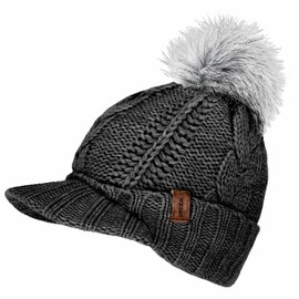 WEROR WEROR-446.1 Women's Knitted Hat - Bobble Hat with Peak - Lined Winter Hat with Peak, charcoal