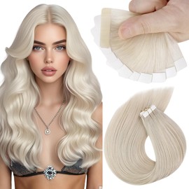 Sunny Hair Sunny Hair Tape in Hair Extensions Real Human Hair Invisible Remy Hair Extensions Tape ins for Women White Blonde 18 inch 25G