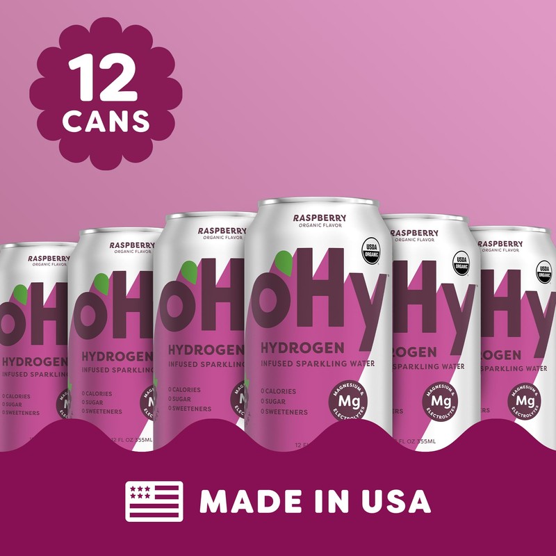 oHy Raspberry Sparkling Water, Hydrogen Infused, USDA Organic, Magnesium, Non-GMO,