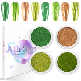 Allstarry Chrome Nail Powder, 4 Colors Mirror Effect Metallic Pigment Manicure Holographic Glitter Dust Kit for Gel Polish Nail Art Decoration- Forest Afterglow