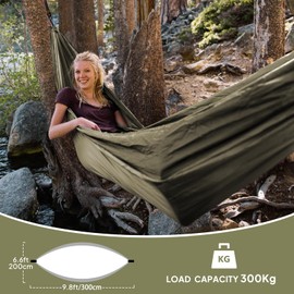 Naturefun Ultralight Travel Camping Hammock, 300 kg Load Capacity (300 x 200 cm) Breathable, Quick-Drying Parachute Nylon, 2 x Premium Carabiners, 2 x Nylon Loops Included, Outdoor
