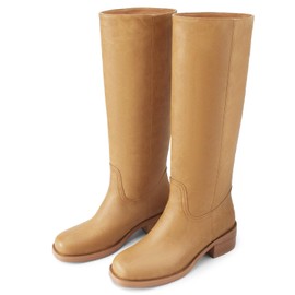 Gothictor Women's Banana Knee High Boots Square Toe Chunky Block Heel Comfortable Low Heel Pull on Wide Calf Riding Long Boots for Women 9