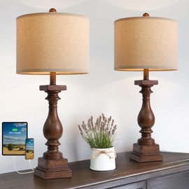 BOBOMOMO 27" Farmhouse Living Room Lamps with USB-A +C Ports, Vintage Rustic Bedside Night Stand Lamps Set of 2, Linen Shade, Retro Side Table Lamps for Living Room, Bedroom, Office, Home Decor