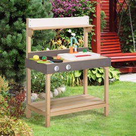 Outsunny Kids Kitchen, Playset Game with Sink, Running Water, Vegetable, Dish for 3-7 Years Old