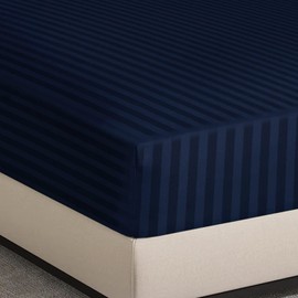 Hafaa Navy King Size Fitted Sheets 40cm Deep Pocket Soft Microfiber Bed Sheets with Satin Stripes Fade Hotel Bedding Resistant Breathable Fitted Sheet (152 X 200Cm)