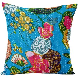 Indian Handmade Cotton Turquoise Kantha Fruit Print Threads Work Cushion Cover Throw Decorative Pillows Cover Bohemian 16x16 Inches