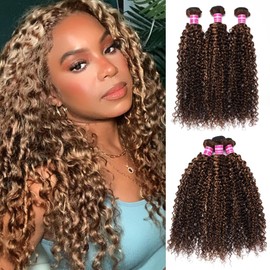 Julia Hair Highlight Honey Blonde Curly Human Hair Bundles 12A Brazilian Curly Human Hair Weave TL412 Color Sew in Hair Extensions Jerry Curly Hair 3 Bundles 18 20 22 Inch