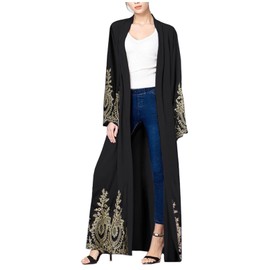WSPLYSPJY Embroidered Women Open Abaya Muslim Dress Islamic Cardigan Dubai Kaftan Robe Gold Black XL