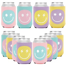 Whaline 8Pcs Pastel Smile Face Beer Can Sleeve 12oz Preppy Happy Face Can Cooler Cover Neoprene Insulated Thermocooler for Wedding Birthday Bachelor Drink Bottle Party Decor